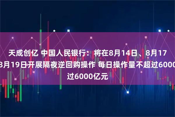 天成创亿 中国人民银行：将在8月14日、8月17日至8月19日开展隔夜逆回购操作 每日操作量不超过6000亿元